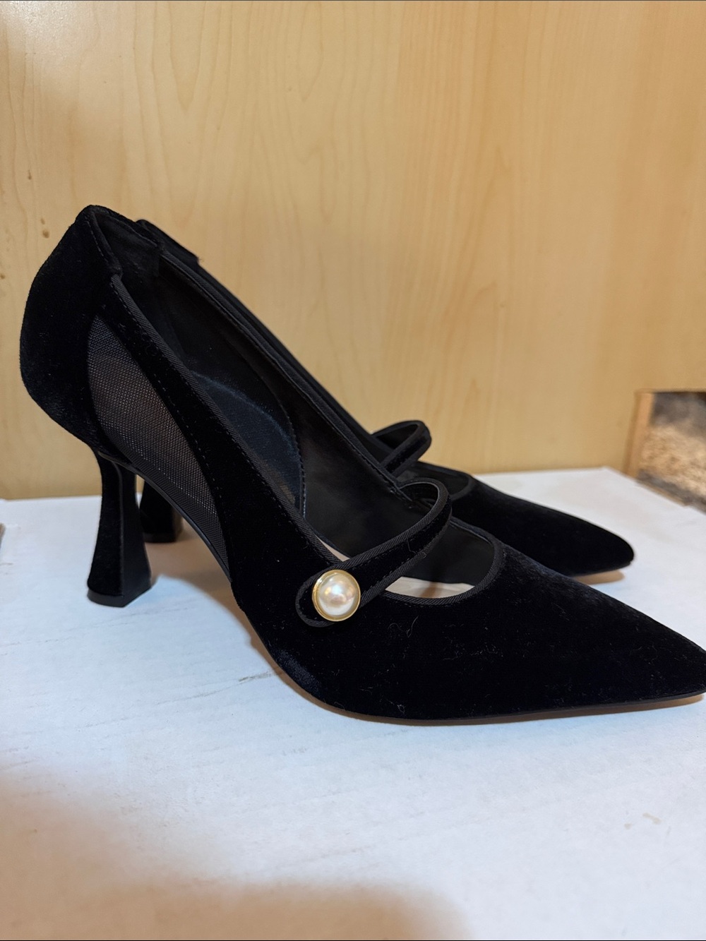 Kelly & Katie Black Velvet Mary Jane Heels with Pearl Button